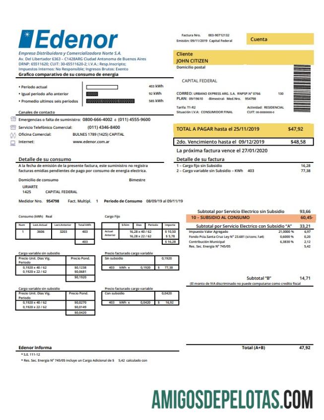 imprimível Argentina Edenor Modelo de fatura de serviços públicos fácil de preencher em formato Word (.doc) e PDF (.pdf)